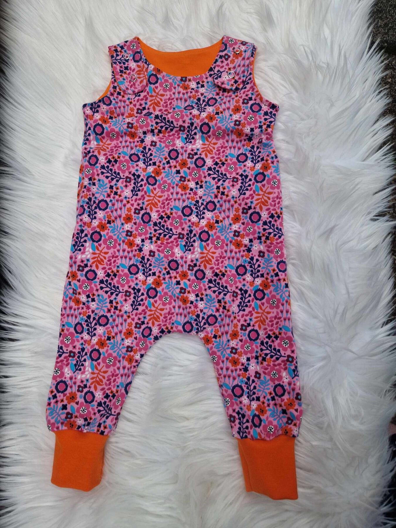 Pink Floral Grow With Me Romper with Orange Cuffs