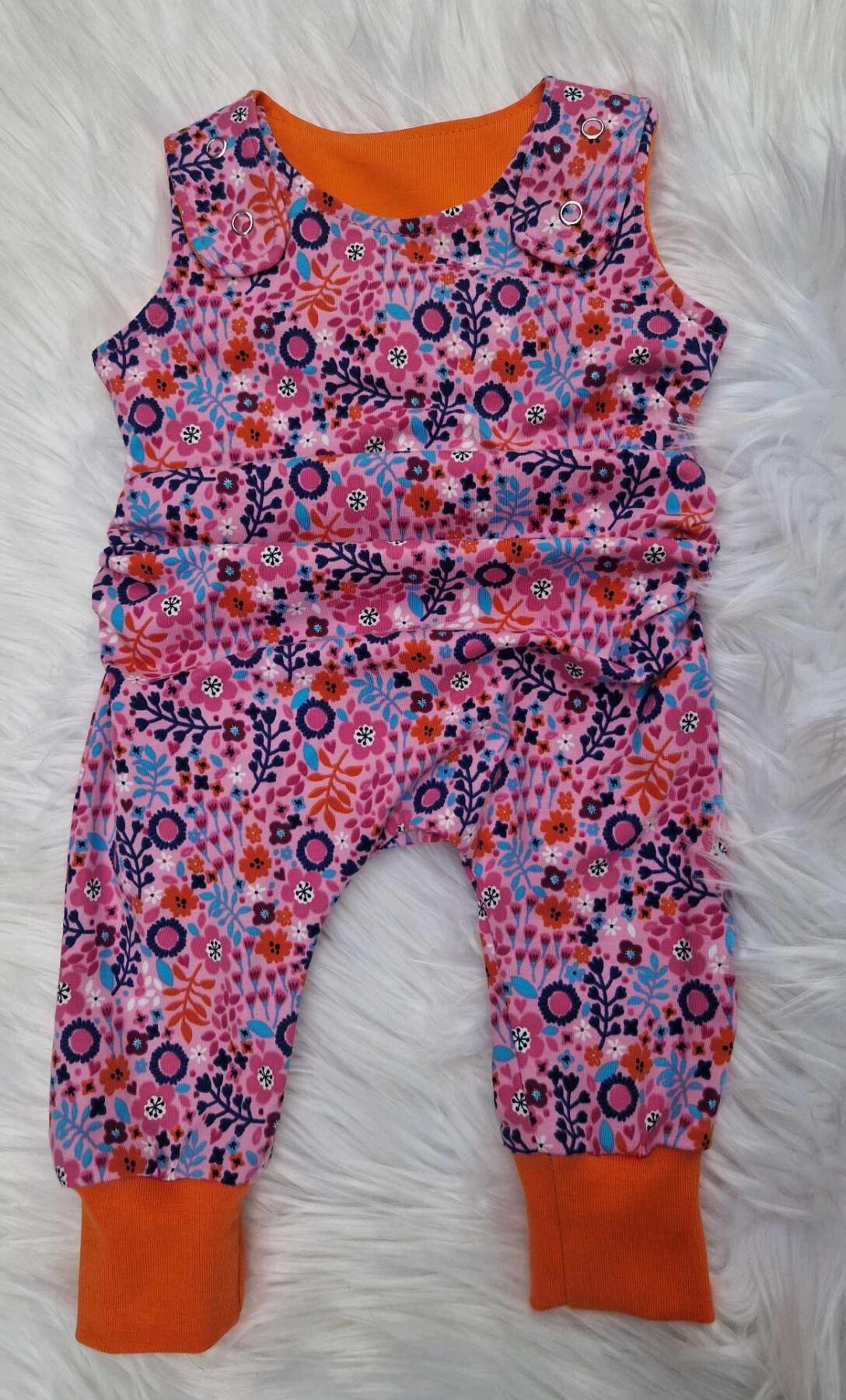 Pink Floral Grow With Me Romper with Orange Cuffs - Image 2