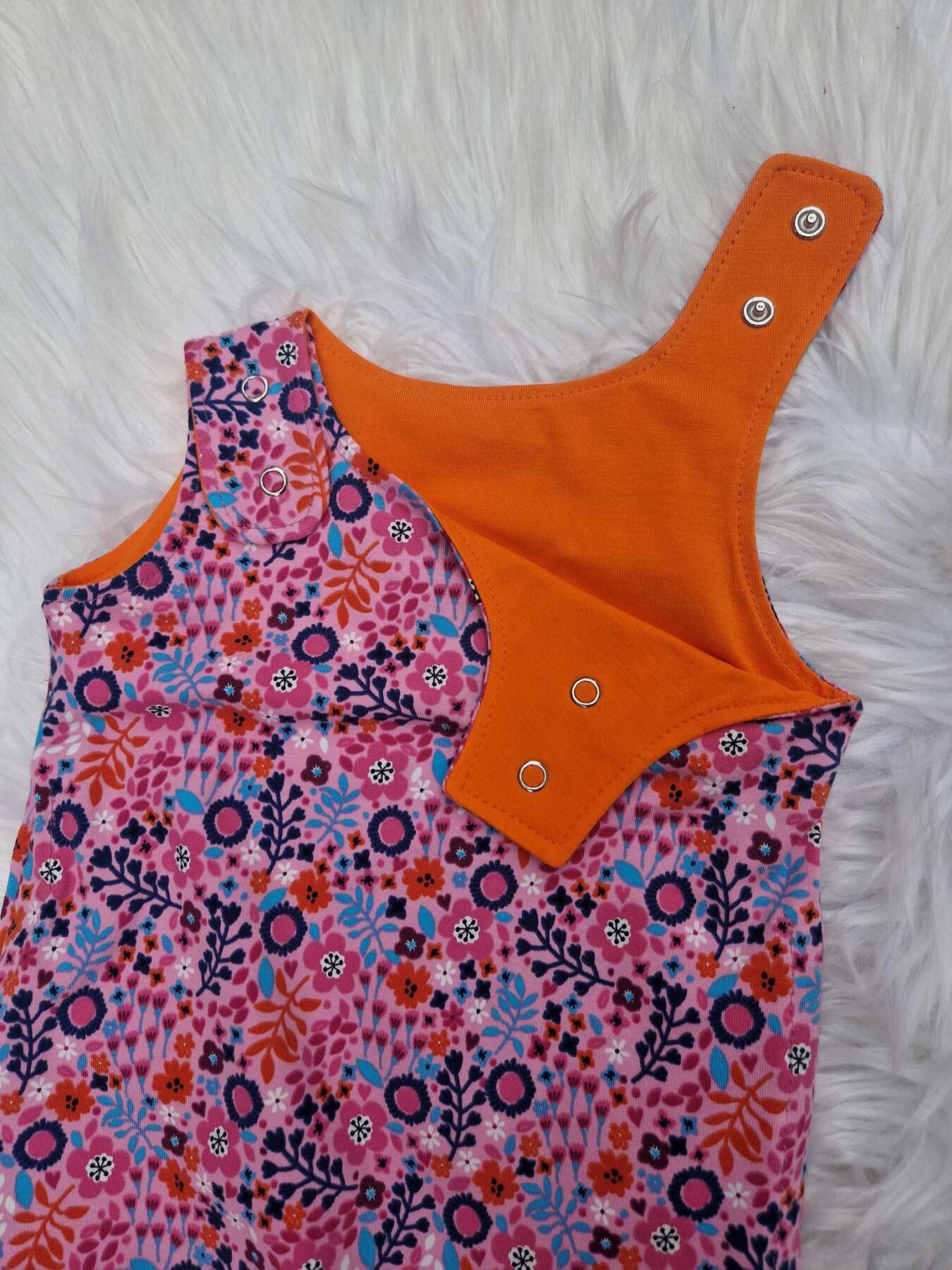 Pink Floral Grow With Me Romper with Orange Cuffs - Image 3