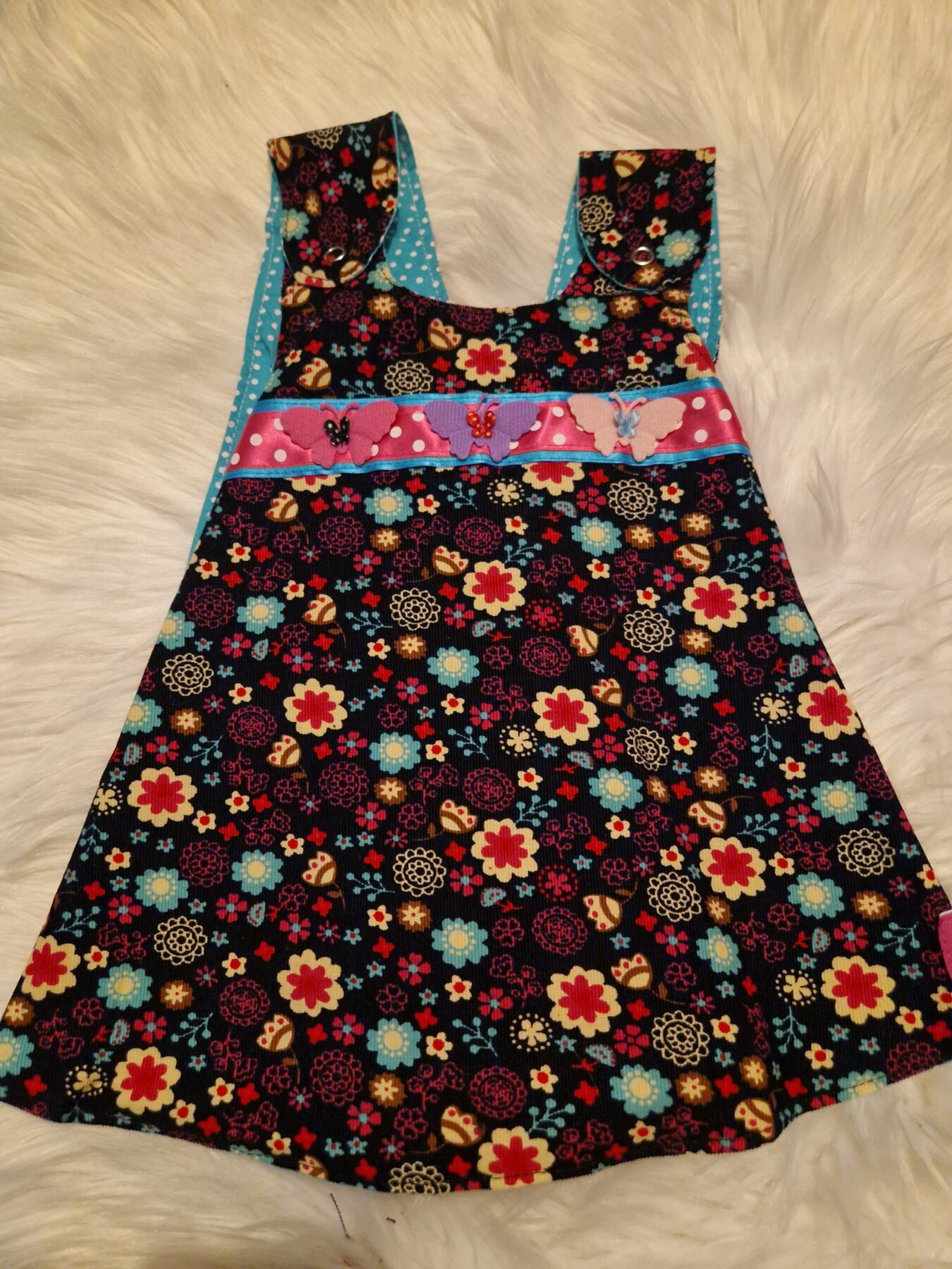 6-12 months Floral Corduroy with Pink Polka Dots Reversible Dress