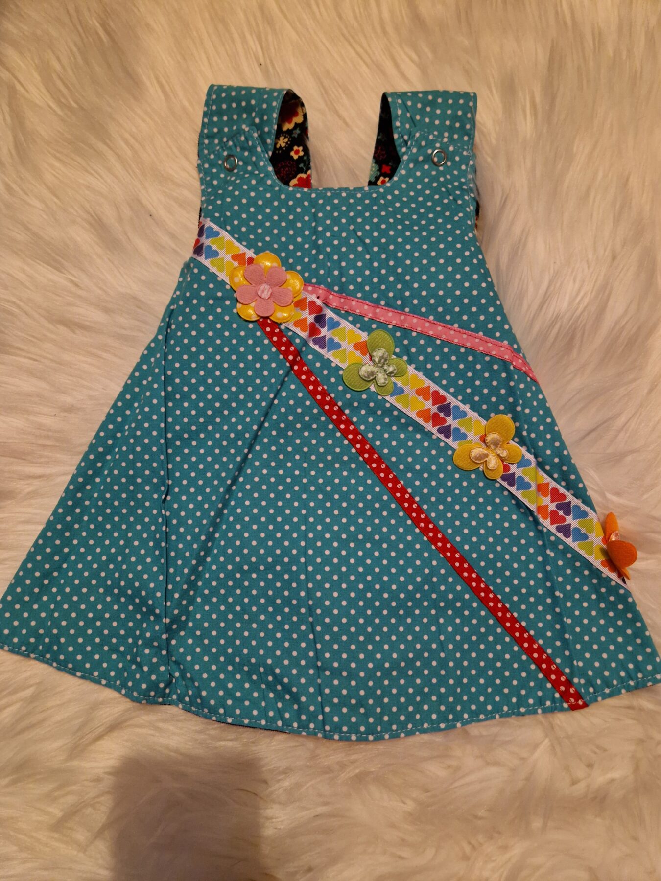 6-12 months Floral Corduroy with Pink Polka Dots Reversible Dress - Image 2