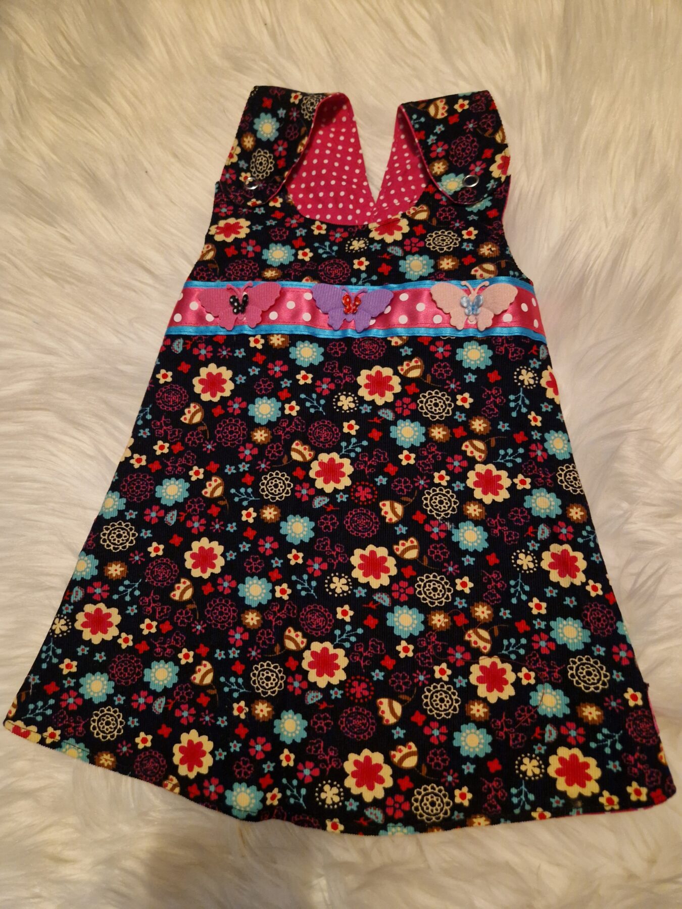 6-12 months Floral Corduroy with Pink Polka Dots Reversible Dress