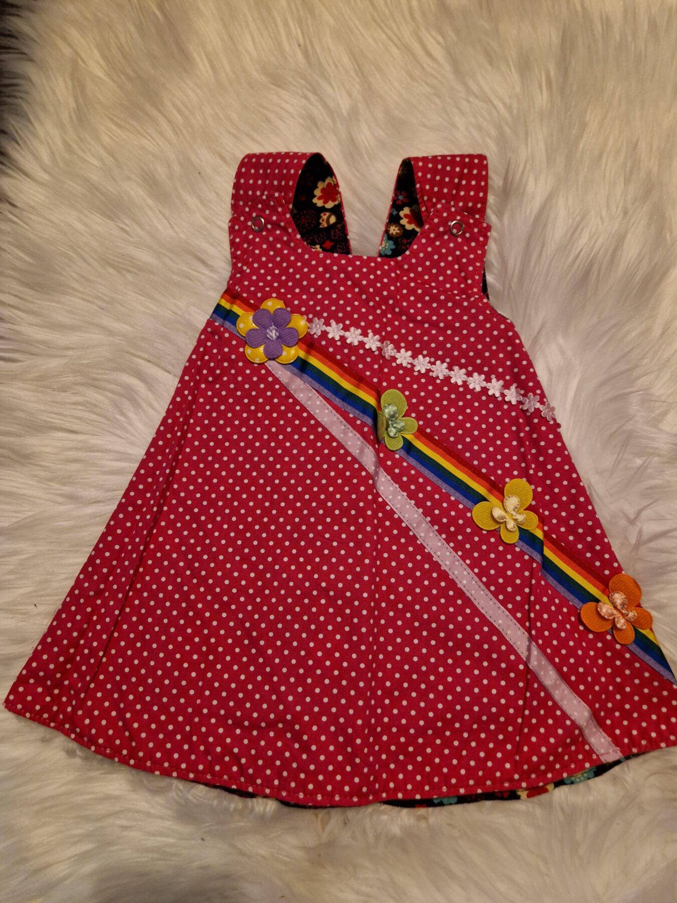 6-12 months Floral Corduroy with Pink Polka Dots Reversible Dress - Image 2