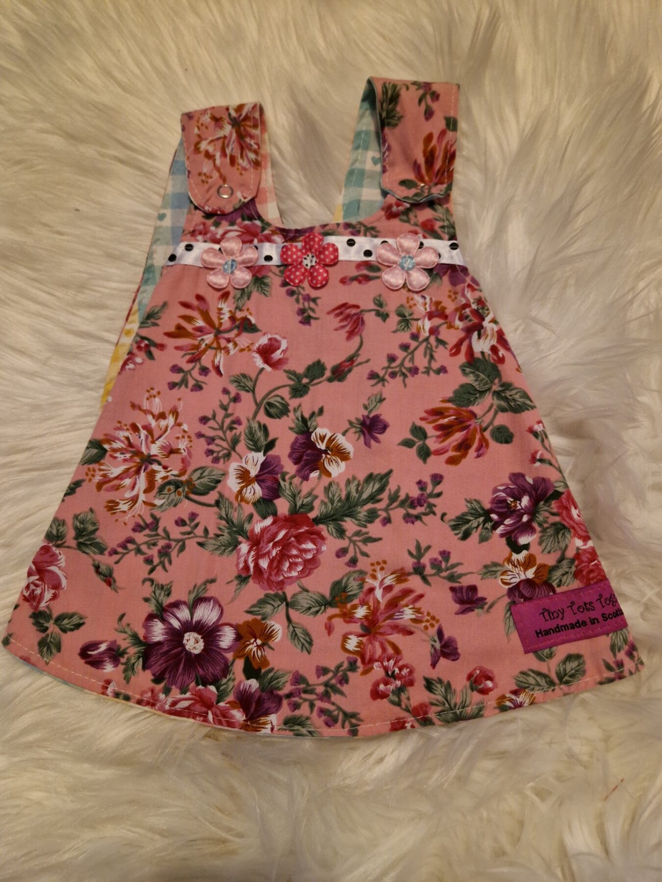 12-18 months Pink Floral with Rainbow Gingham Reversible Dress